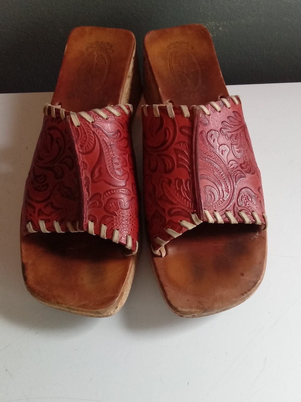 Hand-Tooled Red Leather Open-Toe Mules with Contrast Stitching